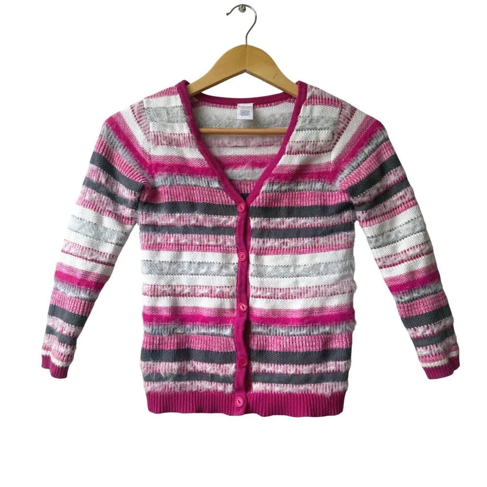 Gymboree Girls‎ Striped Fuzzy Cardigan Sweater Size M 7/8 Pink Preppy Furry Cute